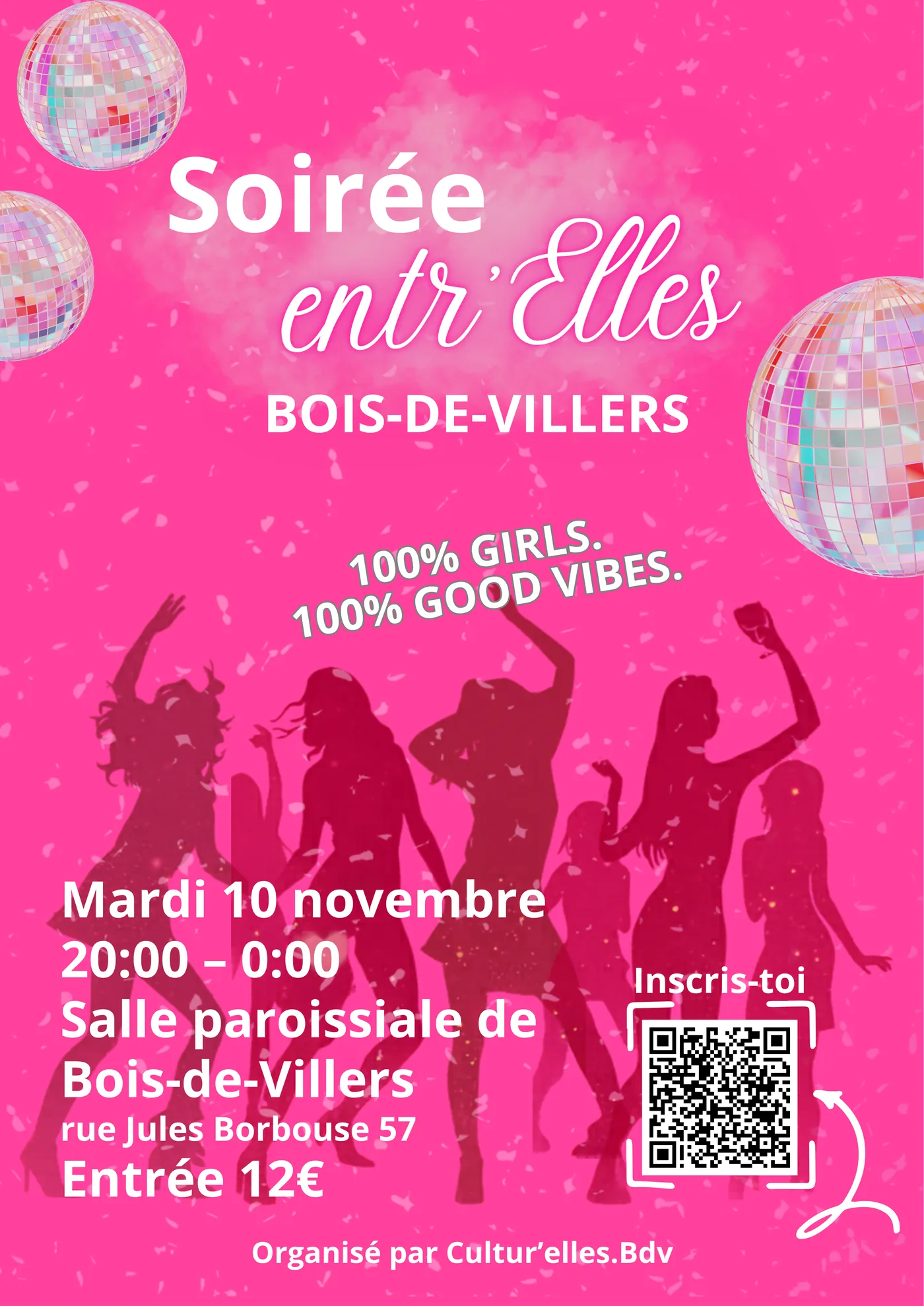 Affiche de la soirée entr'Elles : mardi 10 novembre, 20h à minuit, salle paroissiale de Bois-de-Villers, entrée 12 €