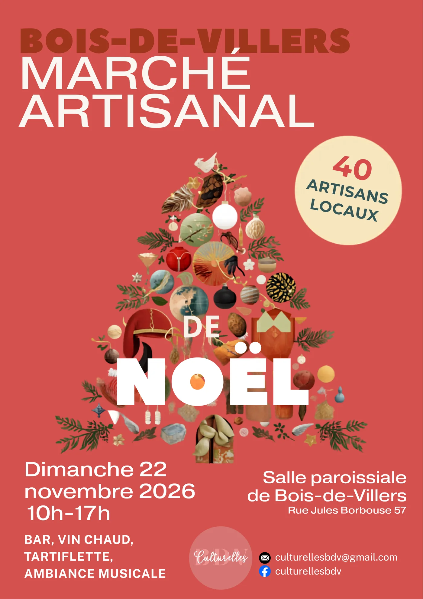 Affiche du marché artisanal de Noël : dimanche 22 novembre 2026, 10h à 17h, salle paroissiale de Bois-de-Villers